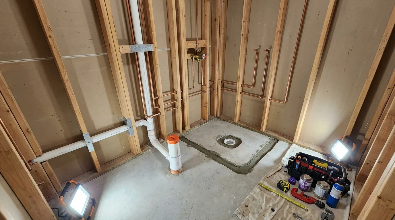 Bathroom rough-in plumbing during remodel by Johns Plumbing LLC in Excelsior Springs