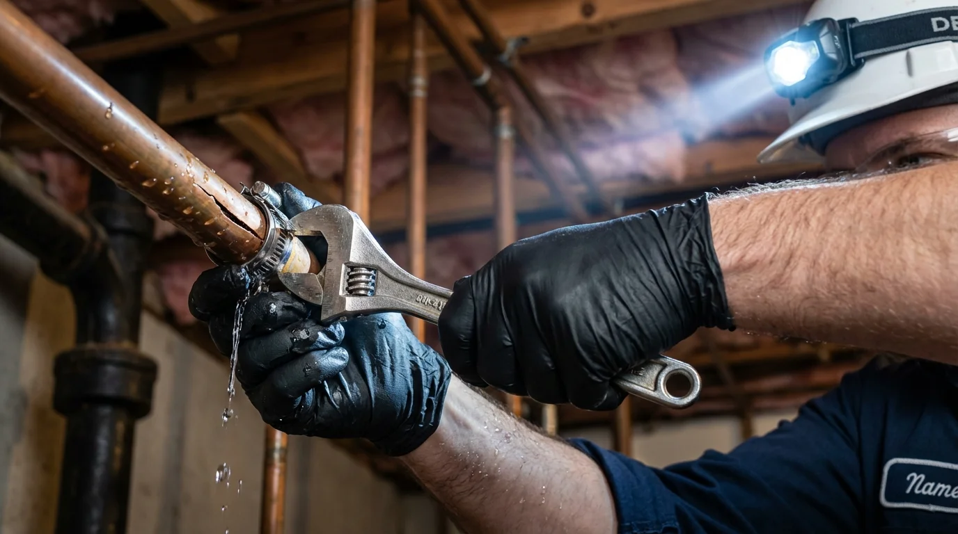 Emergency pipe clamp repair being performed by a Johns Plumbing LLC plumber in Excelsior Springs