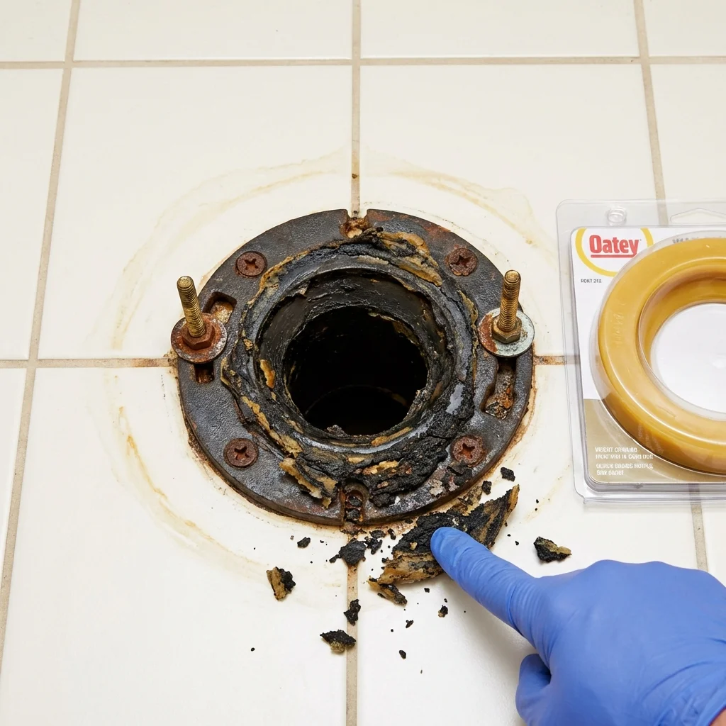 Failed wax ring showing water seepage at the base of a toilet in a Excelsior Springs, MO home