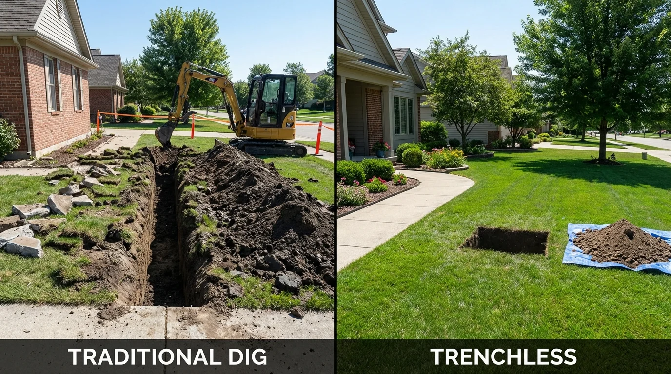 Trenchless sewer repair with minimal yard damage versus traditional excavation in Excelsior Springs, MO