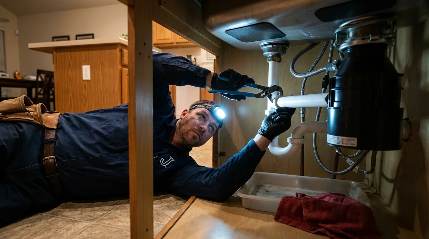 P-trap and supply line connections under a kitchen sink showing a common leak point in Excelsior Springs, MO